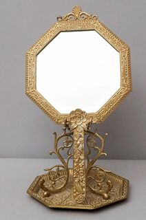 Cast Brass Beveled Glass Dressing Mirror and Stand