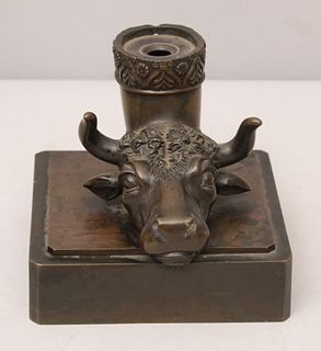 Empire Bronze Bull's Head Inkwell & Quill Stand