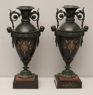 Pair of Antique French Black Marble & Bronze Urns