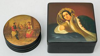 2 Antique Russian Lacquer Boxes, One Lukutin