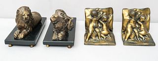 Pair Bronze Clad Putti Bookends and Bronze Lions