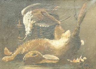 Signed Hunt Painting with Rabbit and Bird