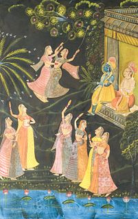 Indian Silk Painting with Hindu Deities and Ladies