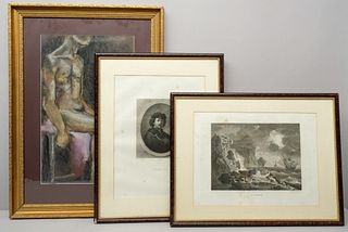 Pastel Together with Two 19th Century Engravings