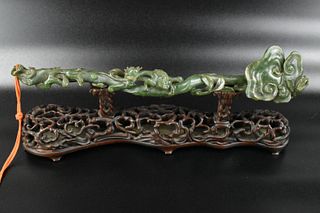Chinese Spinach Jade Carved Ruyi Scepter, Qing D.