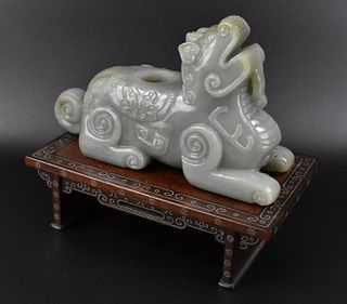 Chinese Jade Carved Beast Figure Waterpot on Stand