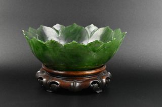 Chinese Spinach Jade Carved Lotus Bowl, Qing D.