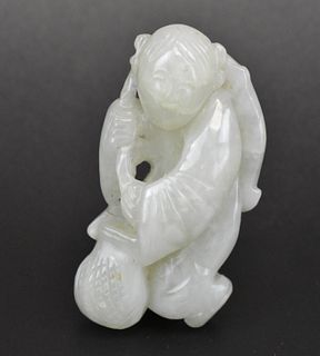 Chinese Jade Carved Boy Fishing Pendant,Qing D.