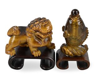2 Chinese Stone Carved Fish Snuff Bottle& Foo Lion