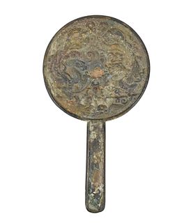 Chinese Bronze Hand Mirror w/ 2 Dragons, Song D.