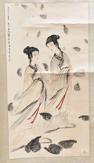 "Fu BaoShi",Chinese Scroll Painting of Two Ladies
