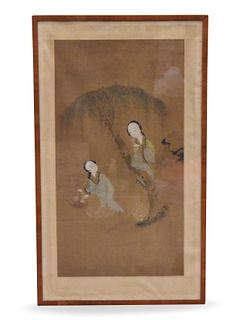 Chinese Framed Silk Painting of Two Lady, Qing D.