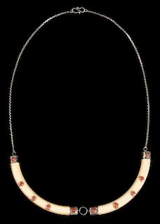 Antique Ivory, Silver and Inset Coral Necklace