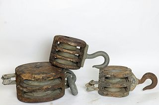 Trio Of Antique Ships Block & Tackle Pullies 