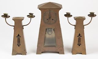 Arts and Crafts Hammered Copper Clock Garniture