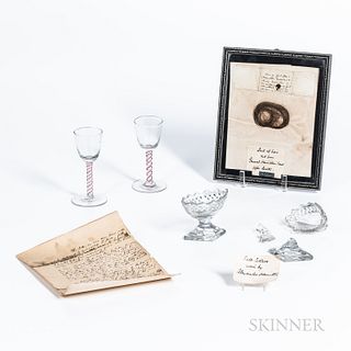 A Framed Lock of Alexander Hamilton's Hair, Two Pairs of Colorless Glass Salts, Two Enamel Twist Wine Glasses, and a Early Reproduction of an Alexande