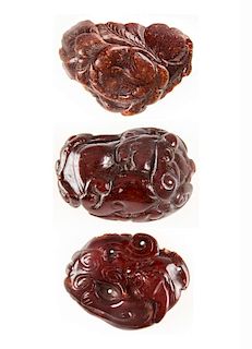 3 Antique Chinese Amber Amulets