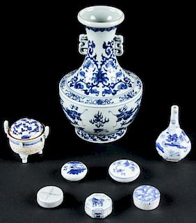 8 Asian Blue and White Porcelain Items