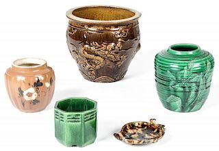 5 Pc Antique Asian Glazed Pottery