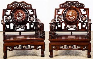 Pair Chinese Nacre Inlaid Hardwood Chairs