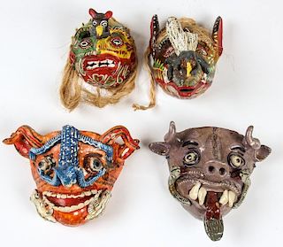 4 Vintage Mexican Terra Cotta Festival Masks