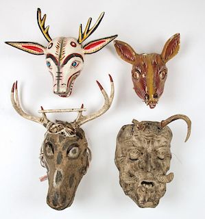 4 Vintage Mexican Deer Masks