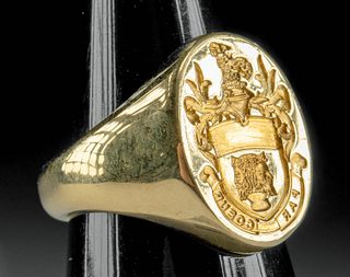 20th C. English Gold Signet Ring w/ Motto "Par Coeur"