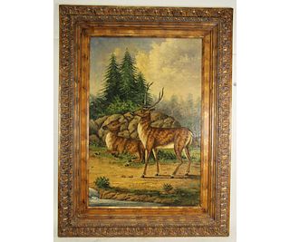 ANTIQUE OIL ON CANVAS STAG NATURE SCENE PAINTING
