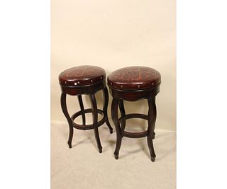 PAIR OF EMBOSSED LEATHER TOP BAR STOOLS