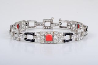 Art Deco Platinum Coral Enamel Diamond Bracelet