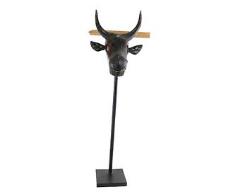 VINTAGE INDONESIAN COW HEAD SCULPTURE ON BASE