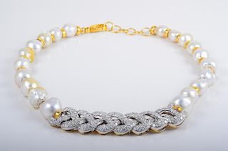 Platinum Gold Diamond Pearl Necklace