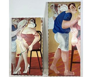 PAIR OF ACRYLIC PAINTINGS OF MAN AND LADY