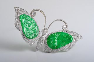 Carved Jade Diamond Butterfly Brooch