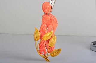 Carved Coral Lady Gold Pin