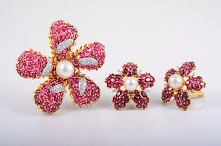 Ruby Diamond Pearl Pin And Earrings Set