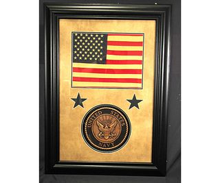 FRAMED AMERICAN FLAG WITH US NAVY CREST