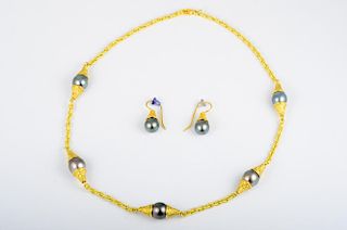 Gold Black Pearl Necklace And Earrings Set
