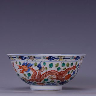 Blue and White and Wucai Glaze Dragon and Phoenix Bowl