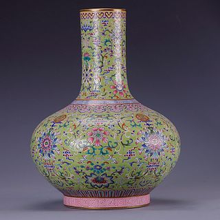Famille Rose Lotus Bottle Vase