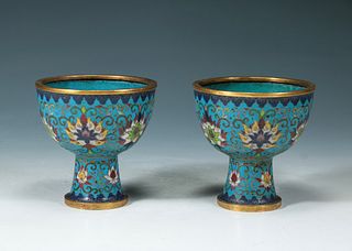 Pair Of Cloisonne Enamel Flower Stem Cups