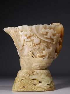 Carved Shoushan Stone Dragon Jue Cup