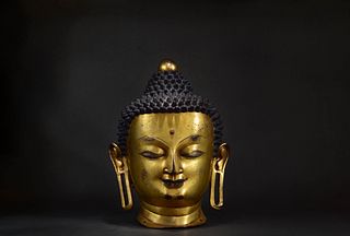 Silver And Stone Inlaid Gilt-Bronze Head Of Shakyamuni