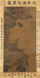 Shen Quan, Chinese Pine and Stag Painting Silk Scroll