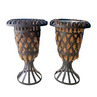 Pair Of Vintage Riveted Wrought Iron Floor Urns