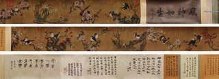 Jiang Tingxi, Chinese Flower and Bird Painting Silk Handscroll