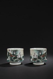 Pair Of Falangcai Glaze Crane And Pine Cups