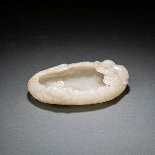 Carved White Jade Liuhai And Toad Brush Washer