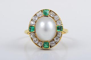 Deco Natual Pearl Diamond Emerald Ring