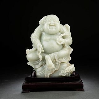 Carved Celadon Jade Figure Of Maitreya